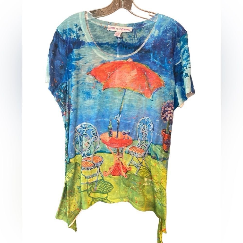 Leoma Lovegrove Sz L Blue Florida Key West Bistro Shark Bute Hem T-Shirt